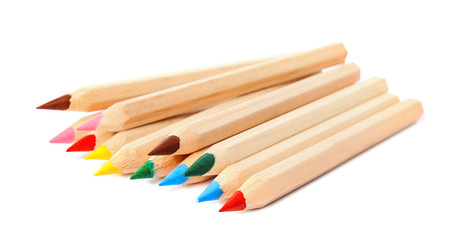 Different color pencils on white background. School stationery