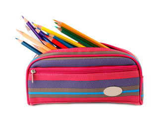 Case full of color pencils on white background
