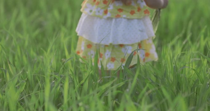Little girl running cross the green field at sunset