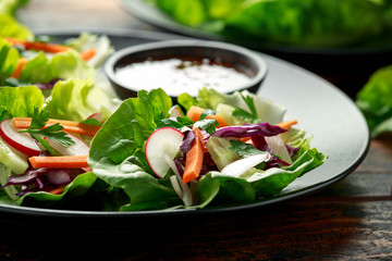 Vegetable lettuce wraps with carrot, onion, radish, red cabbage, cucumber and sweet chilli sauce