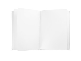 Mock up of open book on white background, top view