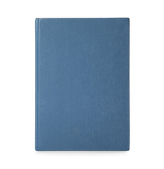 Book with blank blue cover on white background