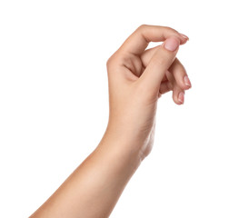 Woman holding something on white background, closeup of hand