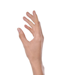 Fototapeta premium Woman holding something on white background, closeup of hand