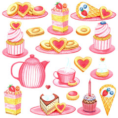 Clip art Teatime - tea pot, teacup, cakes, love heart,  blueberry cup cakes, cookies, cream cakes. Isolated elements hand painted in watercolor.