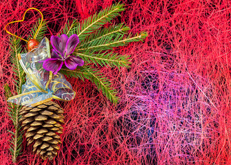 New year, Christmas. Corner with spruce branch, cone and bell.