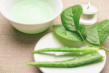 Natural aloe vera cosmetic. Handmade skin care products. Facial treatment preparation and skin refreshing cream background.  flat lay composition with natural cosmetic products.