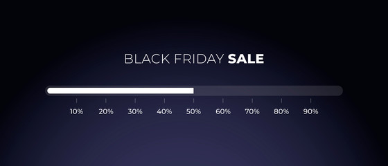 Vector black friday square horizontal banner template. Discount progress bar and white text on dark background. Design element for poster, ad, sale, greeting card, voucher