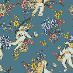 Vintage vector astronaut seamless pattern with flowers. Science fiction background, Hand drawn floral space, - 298519182