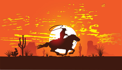 vector image of a cowboy on a horse galloping across the desert at sunse