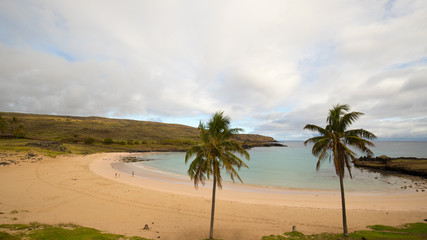 Panorama of Anakena beach with clouds, Easter Island, Chile
