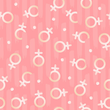 Vector Flat Woman Symbol Seamless Pattern Template Illustration. White Female Sign Isolated On Pink Background. Concept Of Feminism, Friendship. Design Backdrop Tile Paper, Texture, Print, Textile.