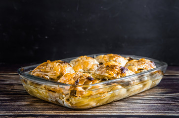 baked chicken with potatoes. fatty food. Cholesterol