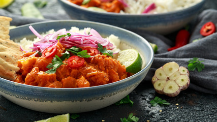 Meat free butternut squash curry with jasmine rice, pickled onions and naan bread
