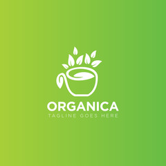 fresh logo organica, with cup and leaves vector