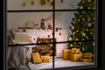 Interior of beautiful room with Christmas decorations window
