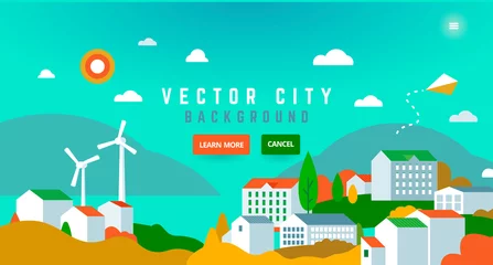 Zelfklevend Fotobehang Stadslandschap met gebouwen, heuvels, bomen - abstracte horizontale banner. © vivali