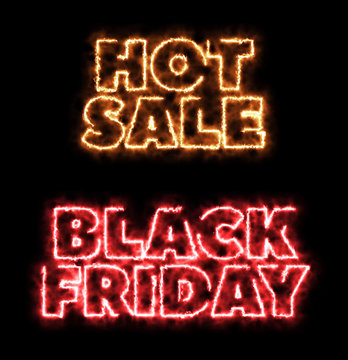 Burning text 'Big Sale' and 'Black Friday' on pure black. 3d rendering. CGI background for sale or discount offer. Seamless loop.