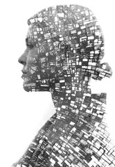 Paintography. Double exposure portrait of an attractive blonde woman combined with drawing of...