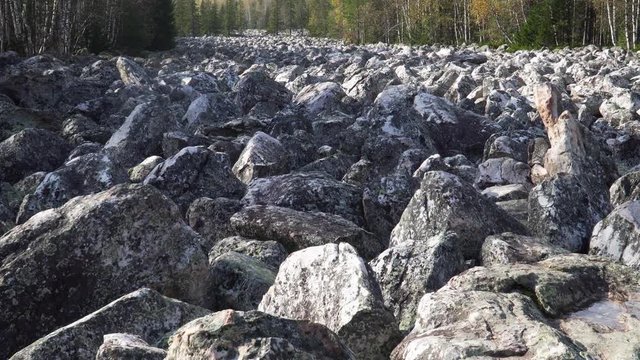 Taganay National Park in Russia in Autumn. Big Stone River, Biggest Deposit Occurrence of Aventurine Quartz