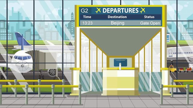 Flight to Beijing on airport departure board. Trip to China loopable cartoon animation