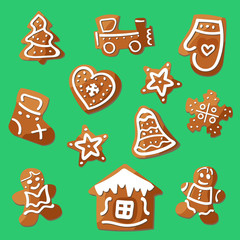Christmas cookies set and green background