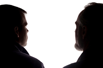 Face portrait old father and adult son opposite - silhouette, family