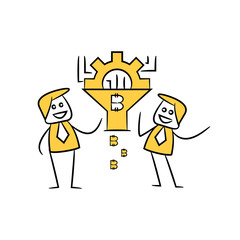 businessman and bitcoin funnel crypto currency concept yellow icons