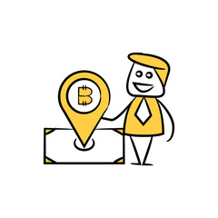Obraz na płótnie Canvas businessman and bitcoin pin concept yellow doodle hand drawn