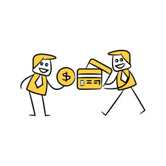 businessman barter dollar and bitcoin credit card cryptocurrency concept yellow doodle hand drawn