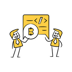 businessman and bitcoin encoding yellow doodle stick figure design