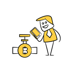 businessman using smartphone and bitcoin valve yellow doodle stick figure design