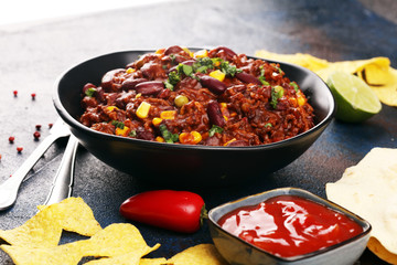 Hot chili con carne. mexican food tasty and spicy with red beans
