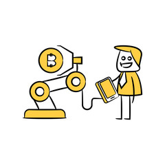 businessman control robot cryptocurrency concept yellow doodle hand drawn