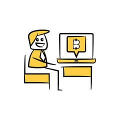businessman working on laptop and cryptocurrency concept yellow doodle hand drawn