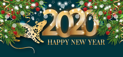 Happy New Year 2020. Year of the rat. Decoration with golden numbers and branches Christmas tree. Vector