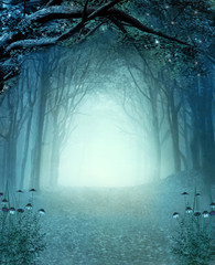 Magic secret passage in a mystic autumnal foggy woodland – 3D illustration - 298526390