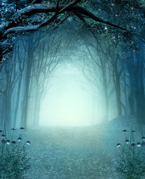 Magic secret passage in a mystic autumnal foggy woodland – 3D illustration