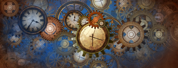 Fototapety  Tło w stylu industrialnym i steampunkowym z zegarami i kołami