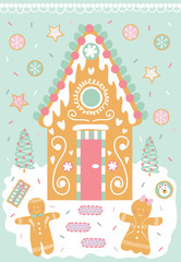 Decorated gingerbread house, man, and cookies in the snow with christmas trees.