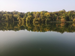 Fototapeta na wymiar Reflection of trees in the lake during fall season