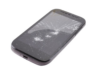 broken phone  isolated on white background, crash phone, fractured