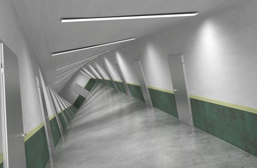 long corridor with doors, interior visualization, 3D illustration
