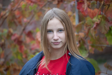 Portrait of a young beautiful girl in autumn, close up
