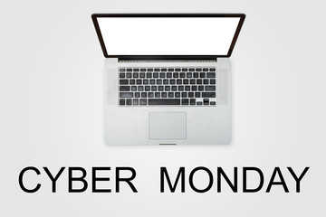 Cyber monday with laptop on gray