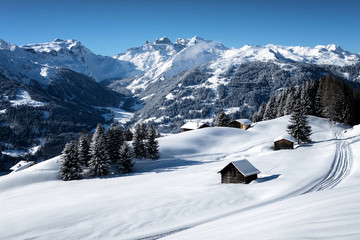 Frisch verschneite Winterlandschaft mit traditionellen Hütten (Österreich, Vorarlberg, Montafon)