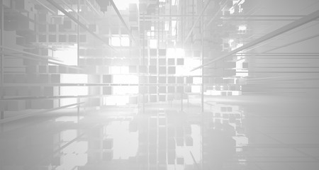 Abstract white architectural interior from an array of white cubes with neon lighting. 3D illustration and rendering.