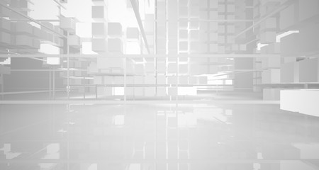 Obraz premium Abstract white architectural interior from an array of white cubes with neon lighting. 3D illustration and rendering.