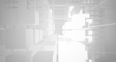 Abstract white architectural interior from an array of white cubes with neon lighting. 3D illustration and rendering.