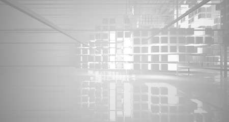 Abstract white architectural interior from an array of white cubes with neon lighting. 3D illustration and rendering.